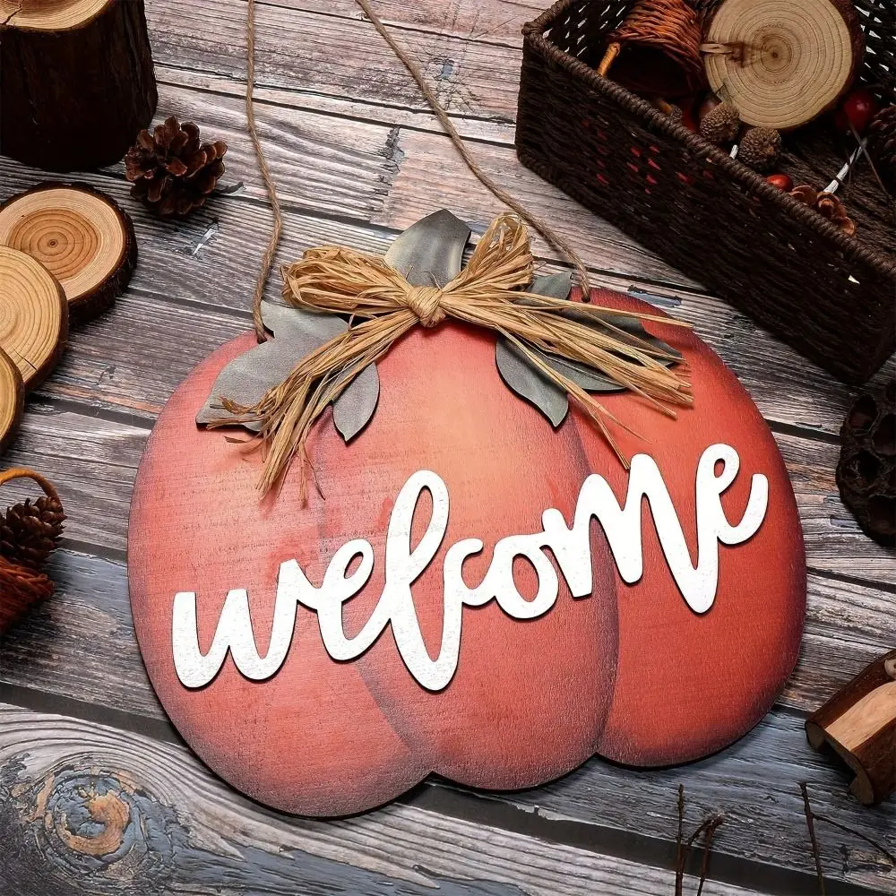 

Cartoon Pumpkin Door Sign Handmade Wall Art Pendant Wooden Signs Elegant Thanksgiving Hanging Decorations Harvest Festival