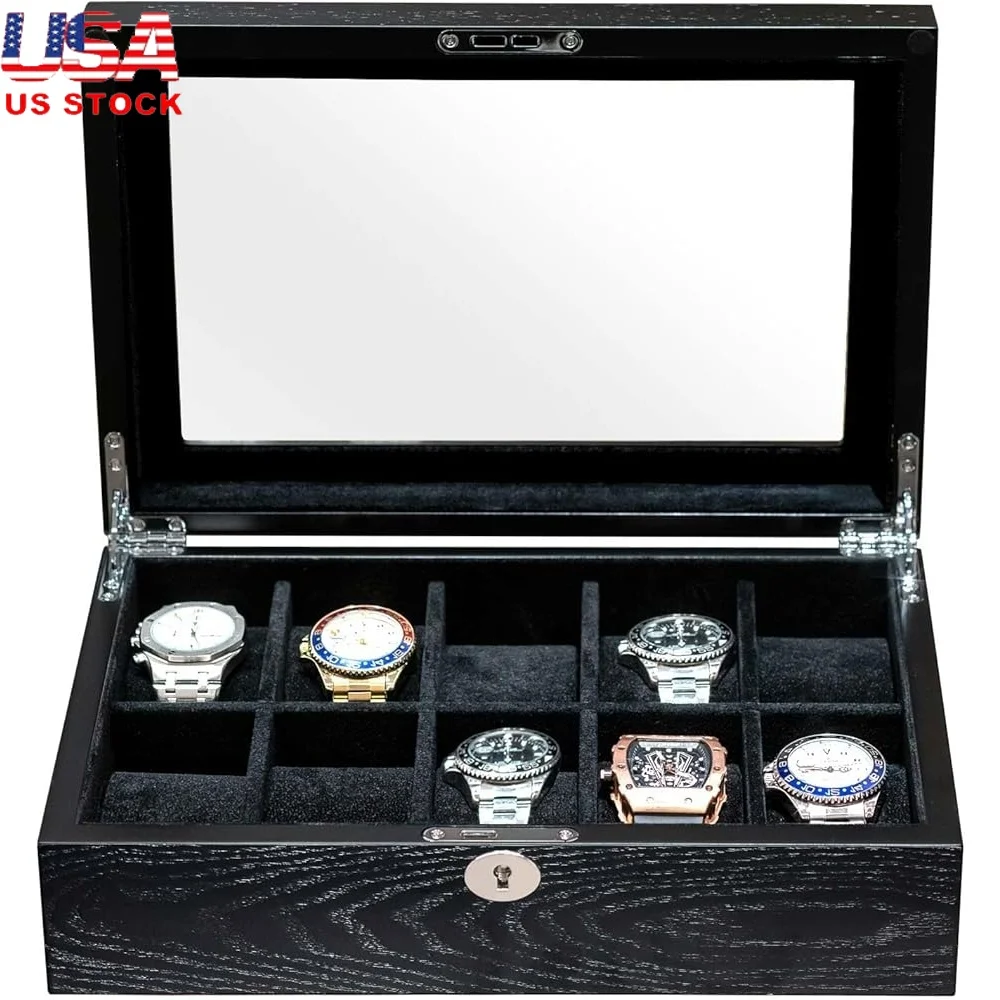 

Luxury Wooden Watch Box Display Case 10 Slots Glass Lid Organizer Soft Cushions Men Women Jewelry Storage