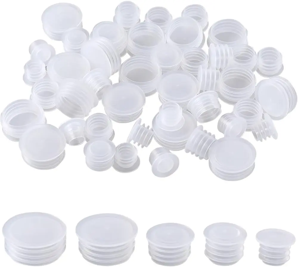 50PCS 5 Sizes Plastic Bottle Salt and Pepper Shaker Stoppers 23/64 to 25/32 Inch Replacement Plug Reusable Clear Round End