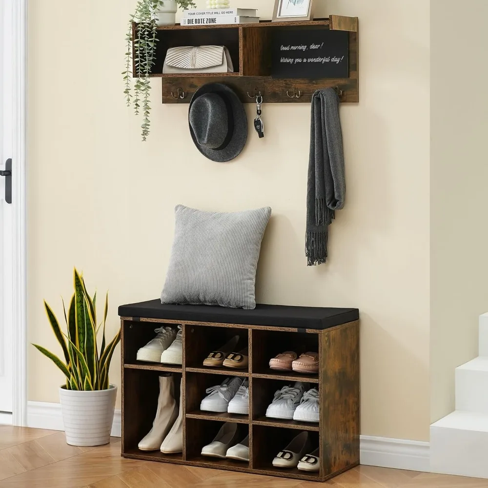 

Hall Tree Shoe Bench Industrial 6 in 1 Coat/Shoe Rack with 5 Hooks, 9 Storage Cubbies with Bookshelf and Small Blackb