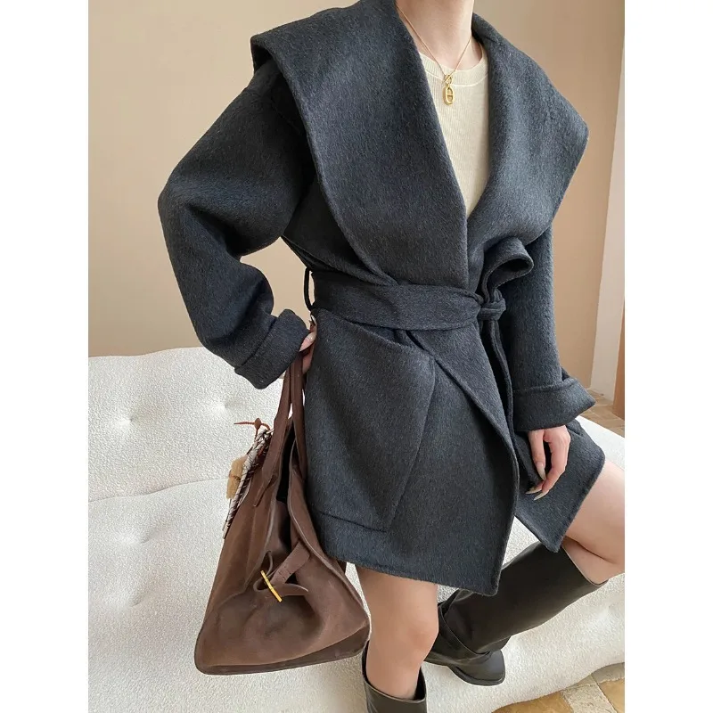 Women's Spring Autumn Blouse Outerwear Wool Coat Bathrobe Cape-style Lapel Tie-front Reversible New Elegant Niche Versatile Fit