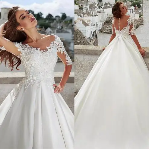 

Simple Satin Jewel Ball Gown Wedding Dress With Lace Appliques Long Sleeve BridalGowns High Satin Custom Made Vestido De