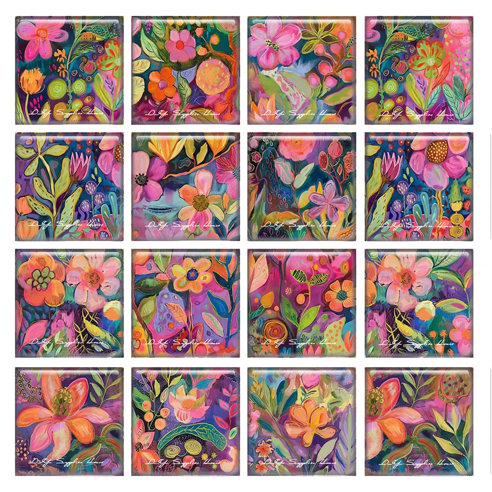 10pcs/lots Abstraction Oil painting Flower Square Photo Glass Cabochon Flatback Demo Flat Back Cameo For Diy Jewelry Making