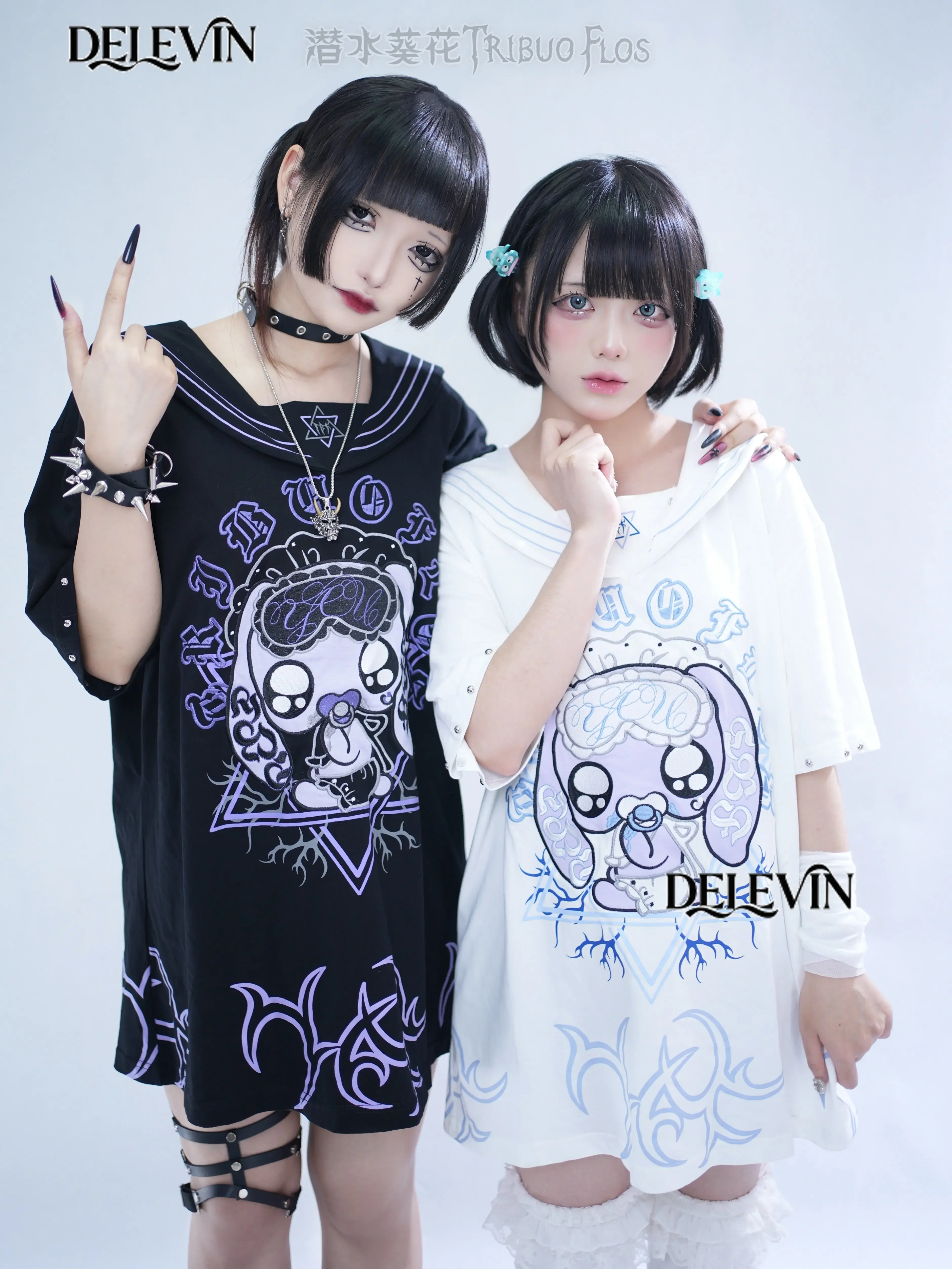 Original Japanese Subculture Navy Collar White T-shirt Y2k Top Two-dimensional Cartoon Print Loose Tshirt Short-sleeved Tops