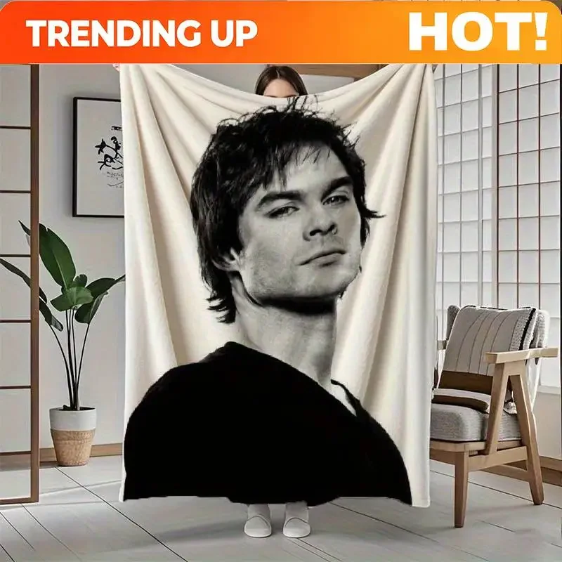 Custom Black & White 1pc Ian Somerhalder Portrait Blanket - Soft Flannel Bedspread, Actor Photo Print, Suitable For Sofa, Bed, C