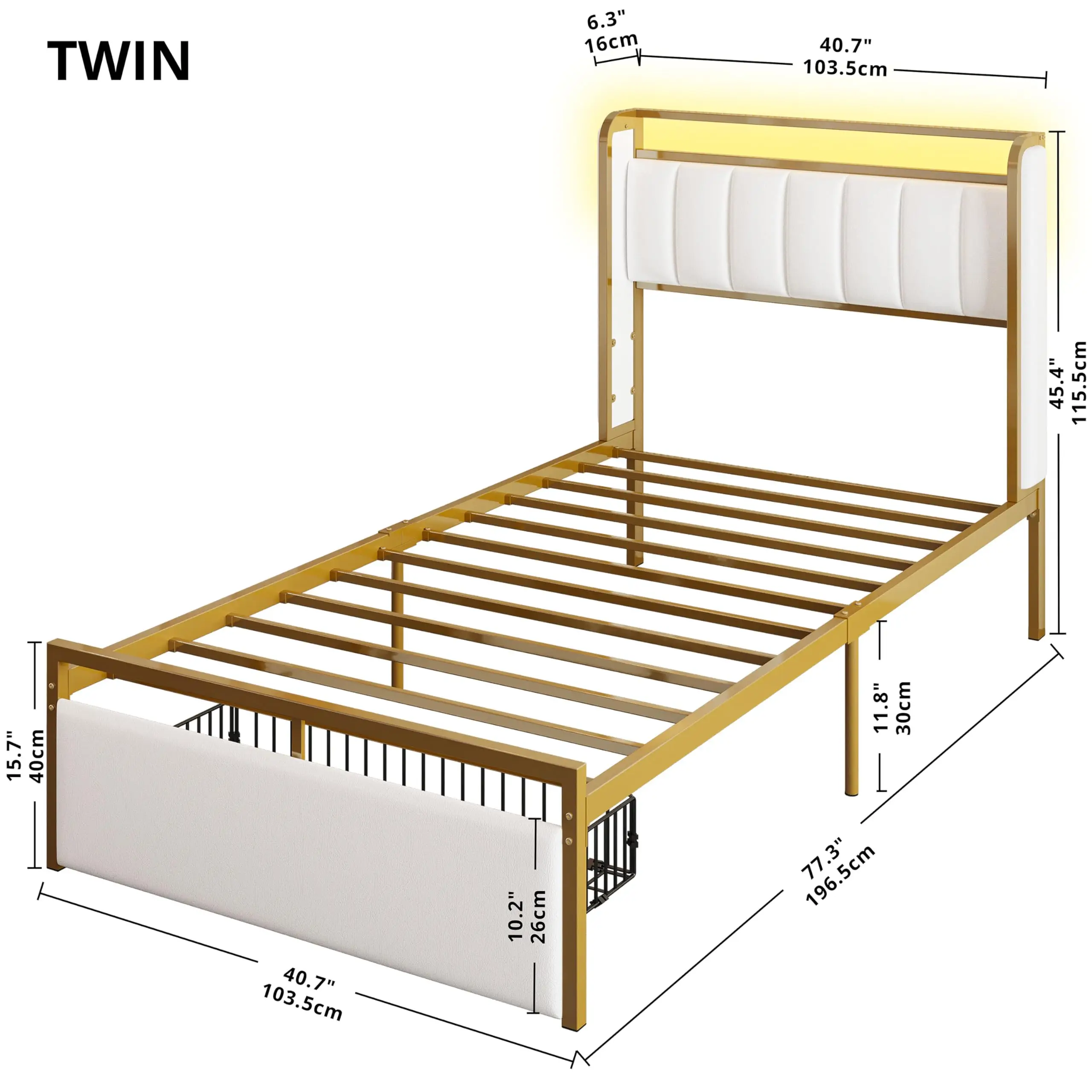 LIKIMIO Twin Size Bed Frame with Armrests Headboard & RGB Light, Upholstered Twin Size Bed Platform with Drawers