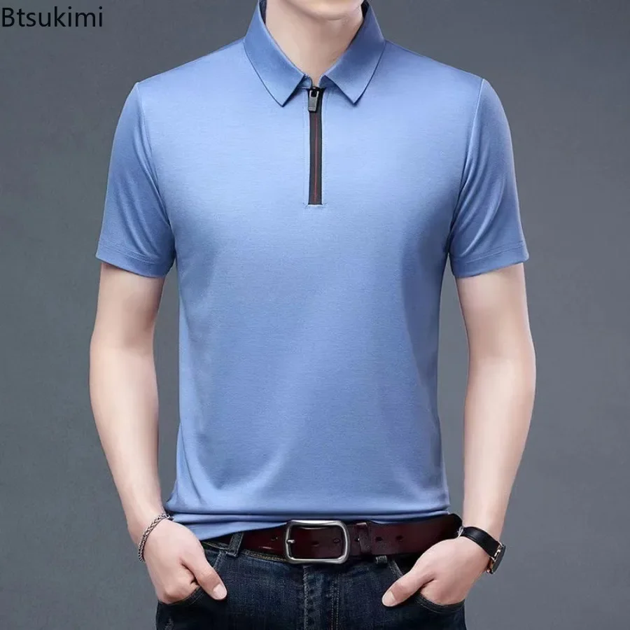 2024 New Arrival Men's Ice Silk Short Sleeve Polo Shirt Summer Cool Loose Casual Tops Men Half Zip Lapel Business Office T-shirt