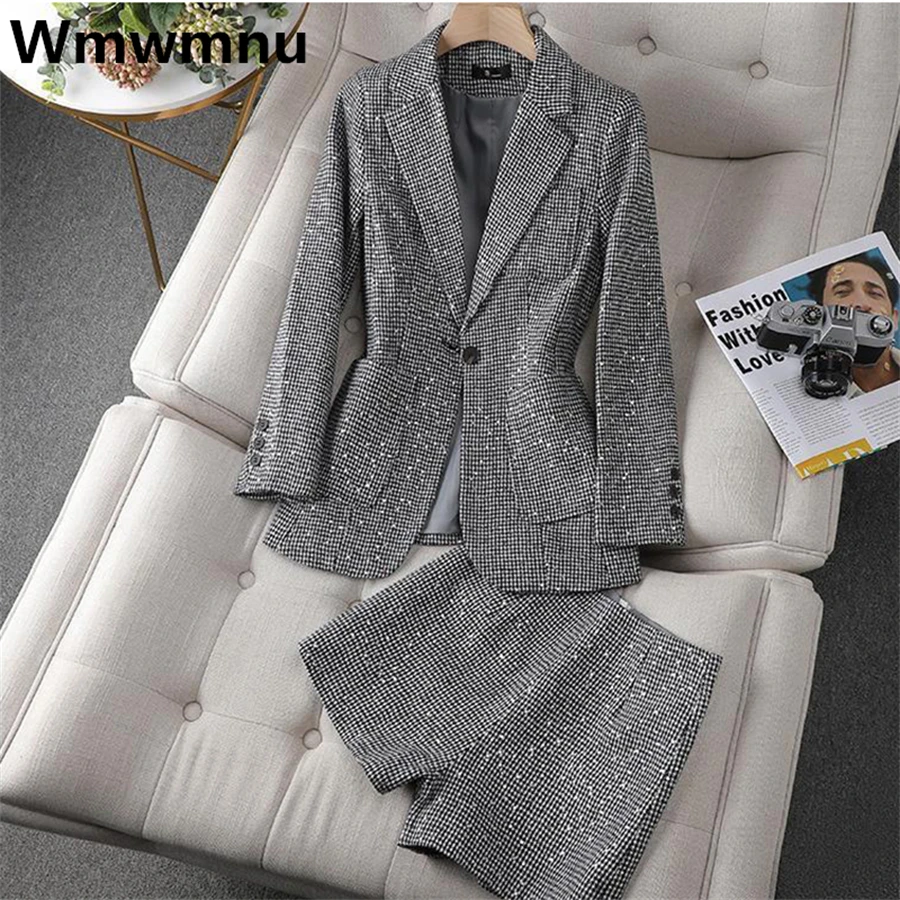 Korean Plaid Houndstooth Blazer Tracksuits Full Sleeve Coats Baggy Short Pants Casual Outfits Oversize Office 2 Pieces Sets New