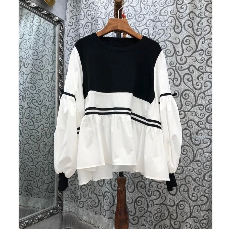 Striped Shirt Tops Lacing Loose Spring Autumn New Long Sleeve Contrast Patchwork Casual Blouse Fashion Vintage Women Clothing