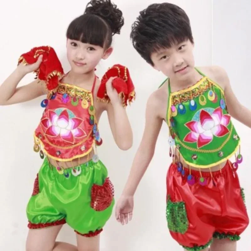 Costume da ballo Yangko per bambini costume da spettacolo di danza nazionale foglia di loto nodo cinese festivo danza Yangko