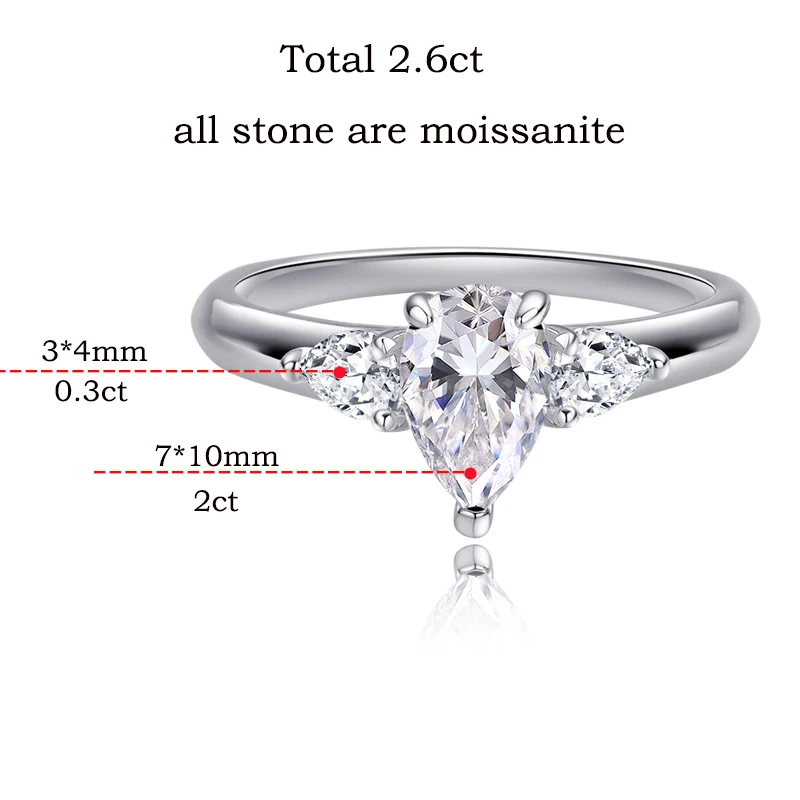Smyoue 2.6/7.6cttw Pear Cut All Certified Moissanite Ring for Women 3 Stones Wedding Luxury Quality S925 Sterling Silver Jewelry