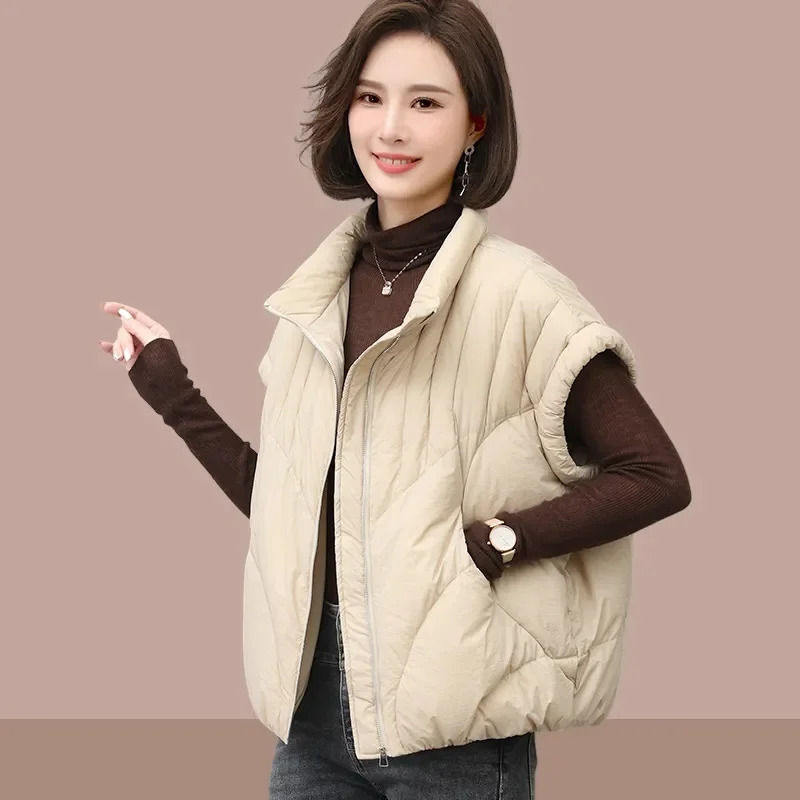 2024 New Korean Women\'s Vest Puffer Jacket Casual Parkas Round Neck Down Cotton Vest Loose-fit Slim Female Warm Snow Wear Top