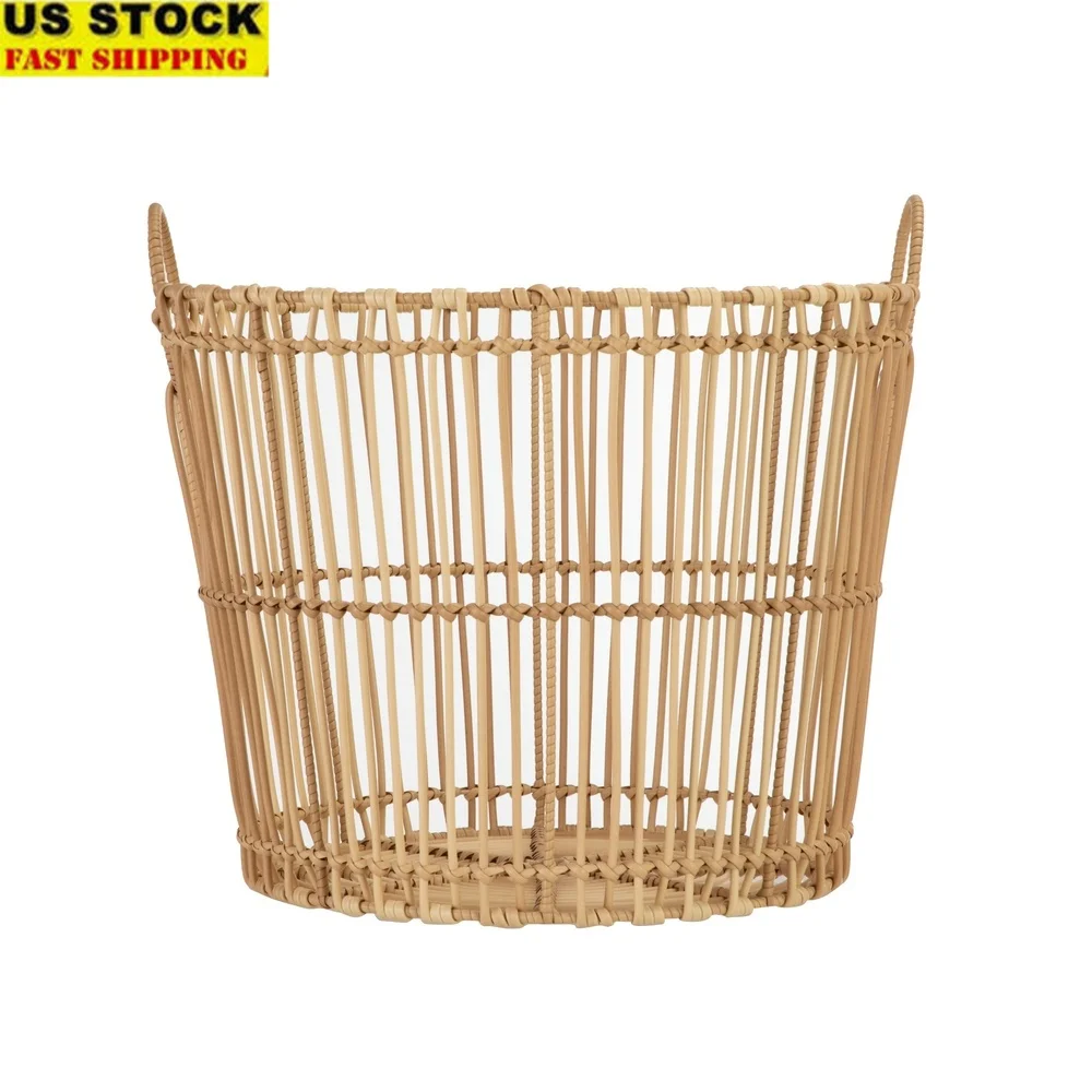 

Large Natural Round Poly Rattan Storage Baskets with Handles 2 Pack Durable Iron Frame Handcrafted Organizing Bins Home Decor