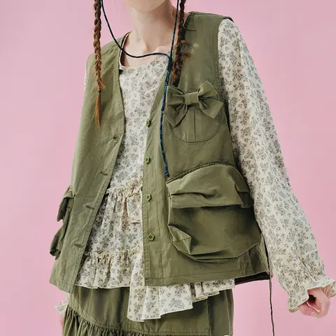 IMAKOKONI 오리지널 디자인 카디건 그린 포켓 보우 민소매 자켓 여성용 다용도 조끼 254994