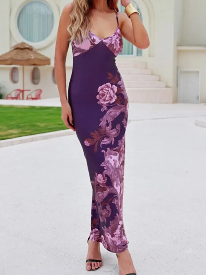 เดรสพิมพ์ลายหรูหราสำหรับผู้หญิง แฟชั่นเซ็กซี่ สายเดี่ยว คอวี ทรงเข้ารูป ชุดเดรสยาวสำหรับงานเลี้ยงกลางคืน