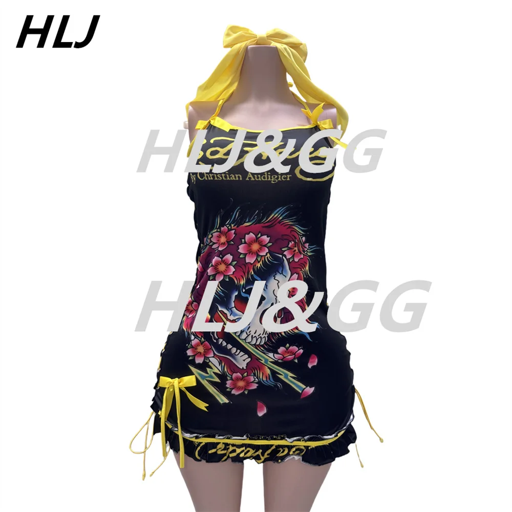 HLJ Y2K INS Trendy Skeleton Printing Halter Bandage Mini Dresses Women Bow Side Lace Up Bodycon Vestidos Sexy Party Clubwear