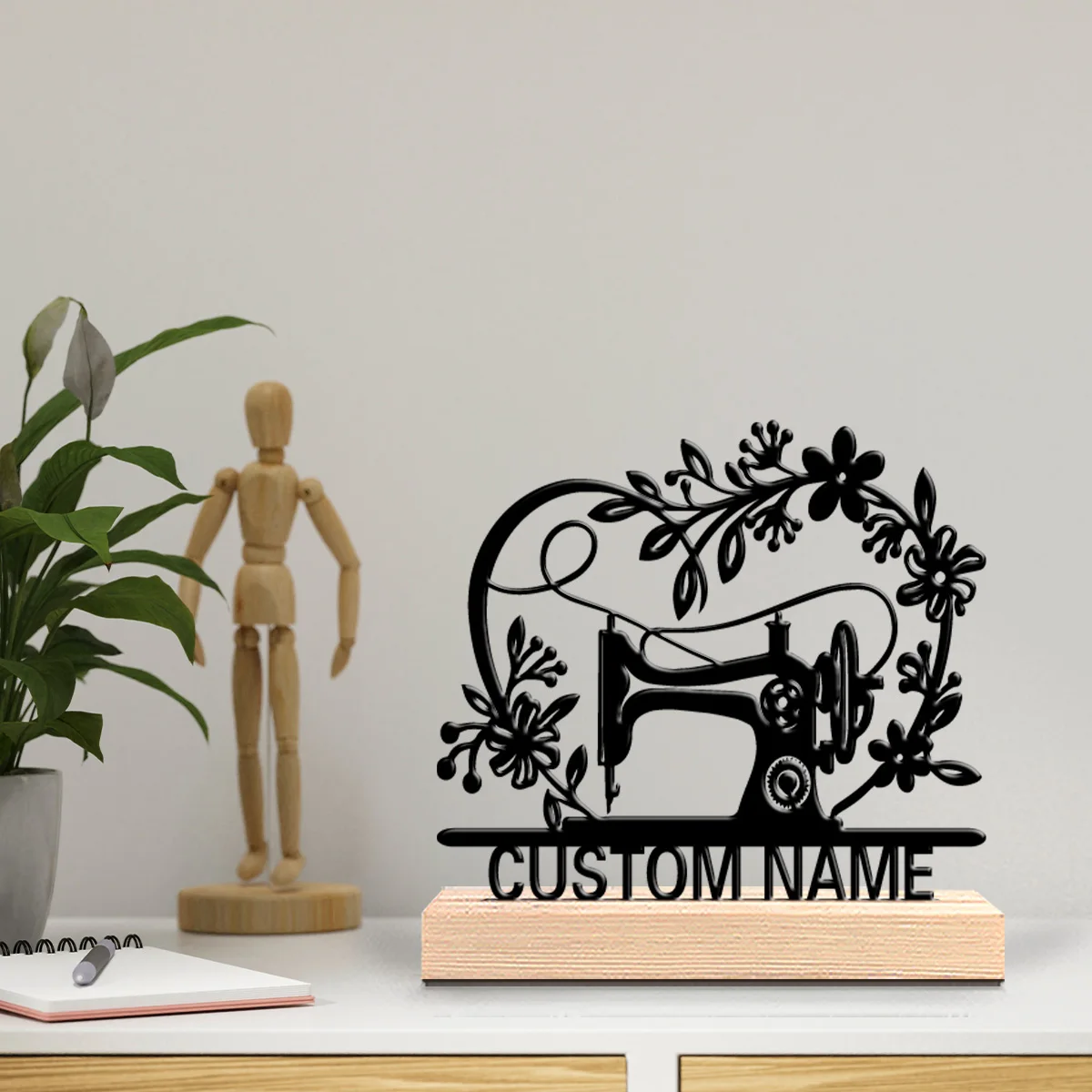 1pc Fun Personalized Custom sewing machine Metal Statues Wooden Base Lighting for Office Workshop Modern Rustic Steampunk Themes