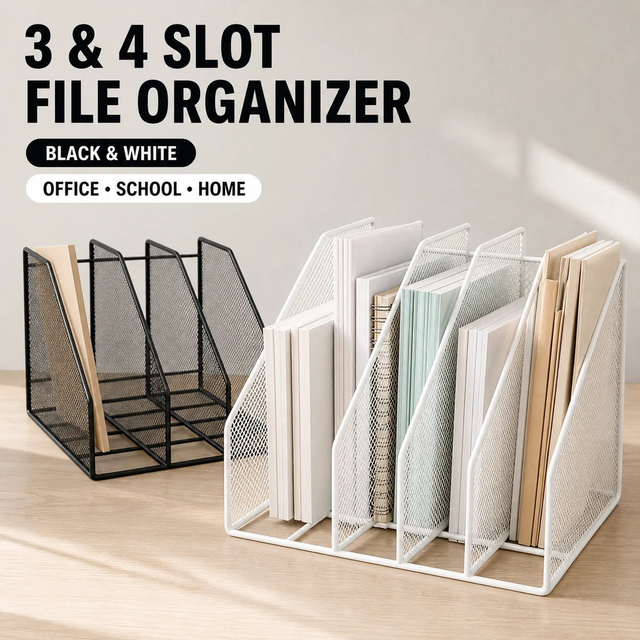 3- oder 4-Fach Desktop-Aktenorganizer aus Metallgitter, Zeitschriften-, Buch- und Dokumentenhalter in Schwarz-Weiß für Büro, Schule, Zuhause, Studenten und Lehrer