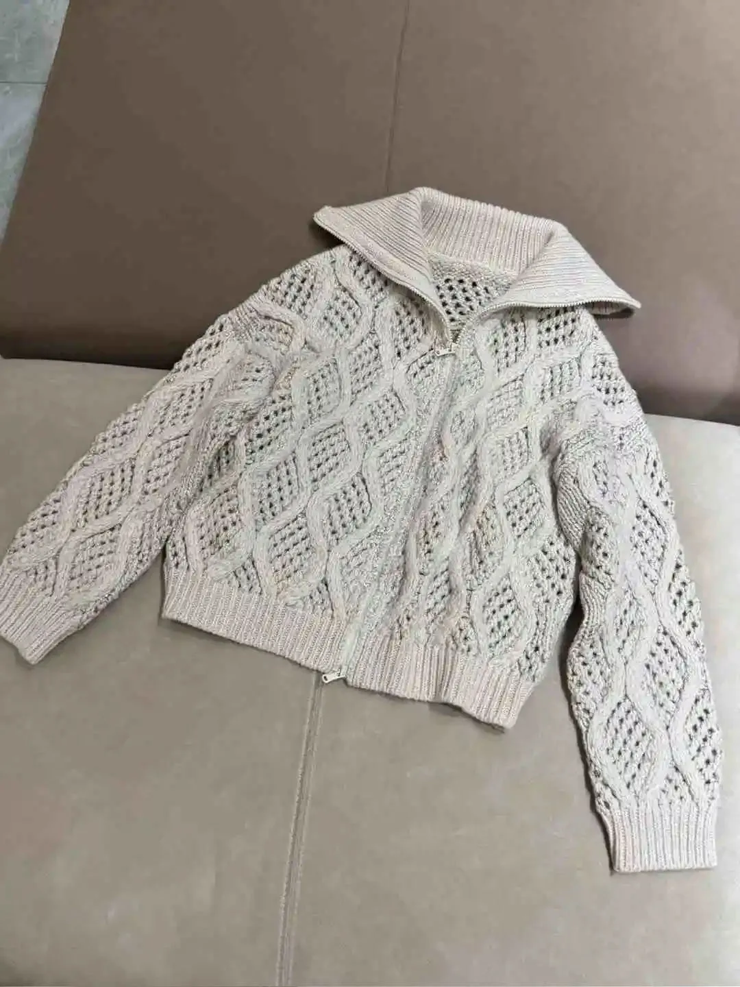 New Lapel Zipper Knitted Cardigan Women's Loose Lazy Style Sweater Jacket Top