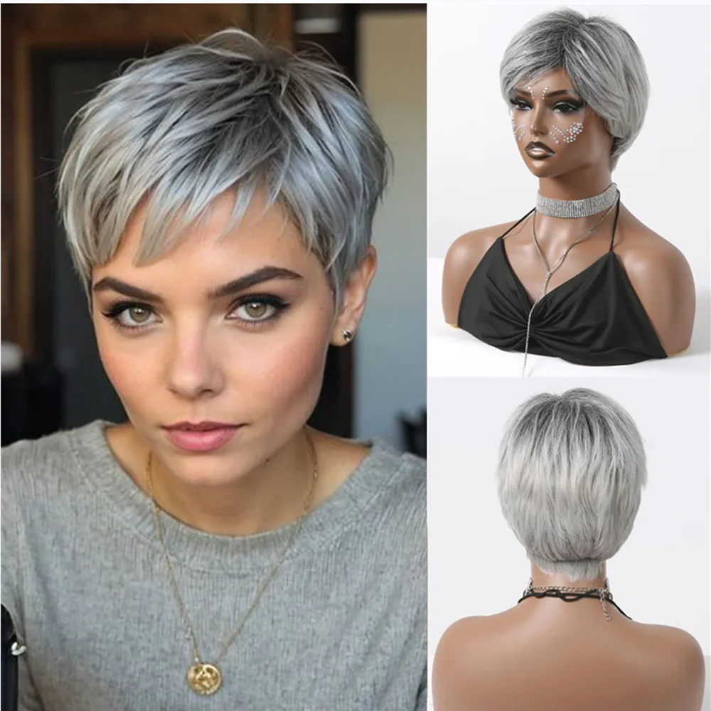 ALAN EATON Sliver Pixie Cut Wigs for Women Short Grey Layered Wig Fluffy Daily Party Hair Heat Resistant Synthetic Wig Cosplay