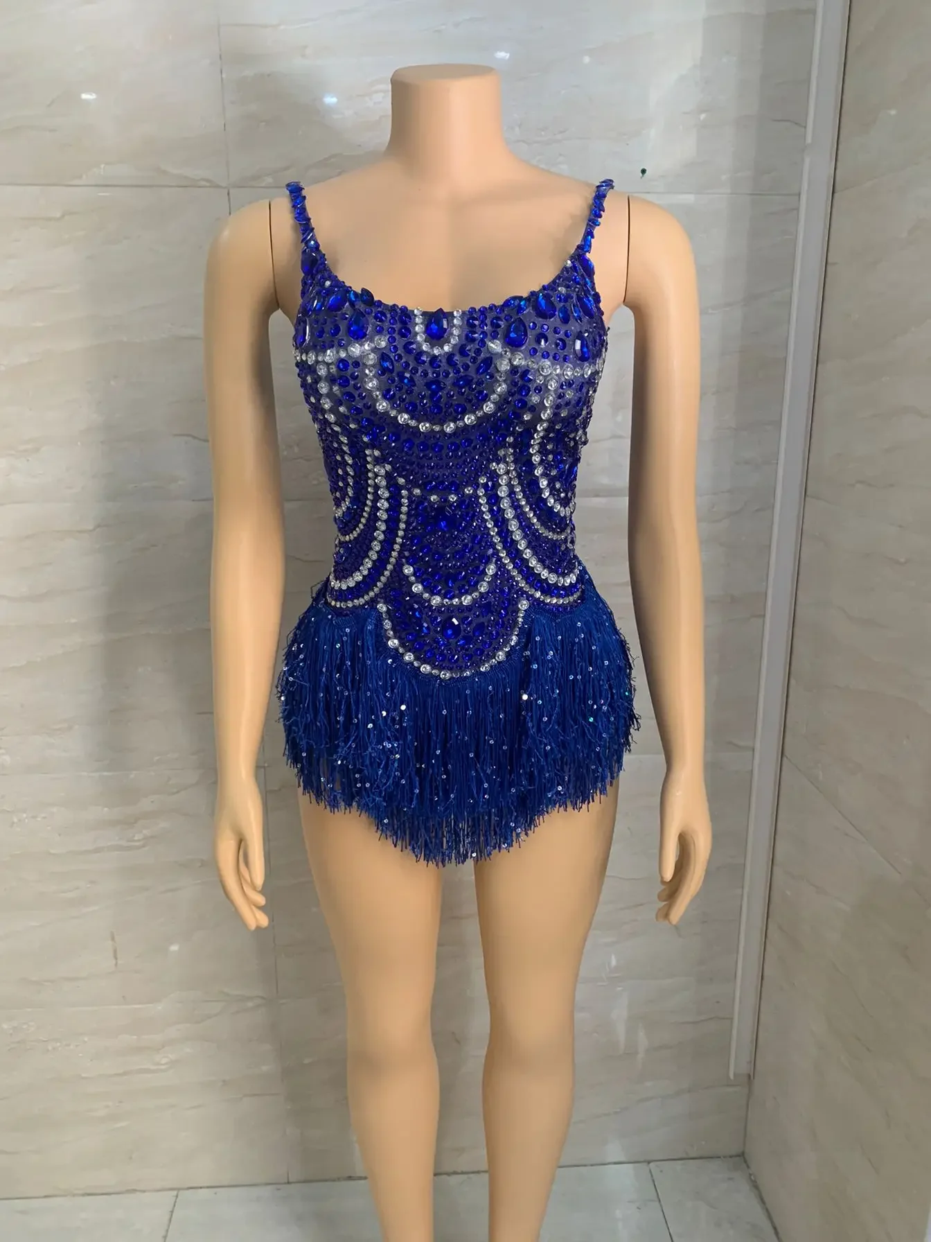 Blue Rhinestones Fringed Bodysuit Bar Nightclub Dj Ds Rave Outfits Women Sexy Gogo Dance Costume Stage Pole Dance Clothes