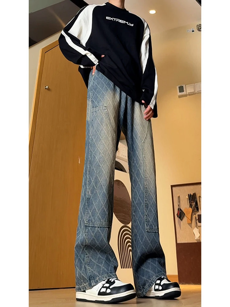 

Men's Straight Leg Denim Pants 2024 New American INS High Street Plaid Loose Fit Faionable Jeans mid Waist Long Trousers