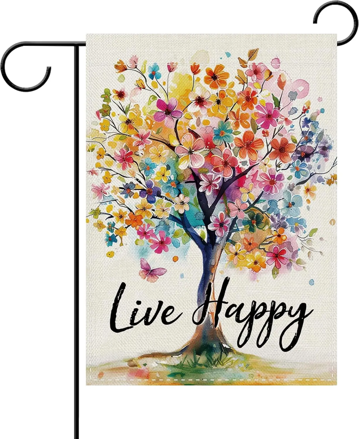 Dyrenson Spring Summer Floral Tree Decorative Garden Flag, Inspirational Live Happy Watercolor Flower Yard Outside Home Deco PPM