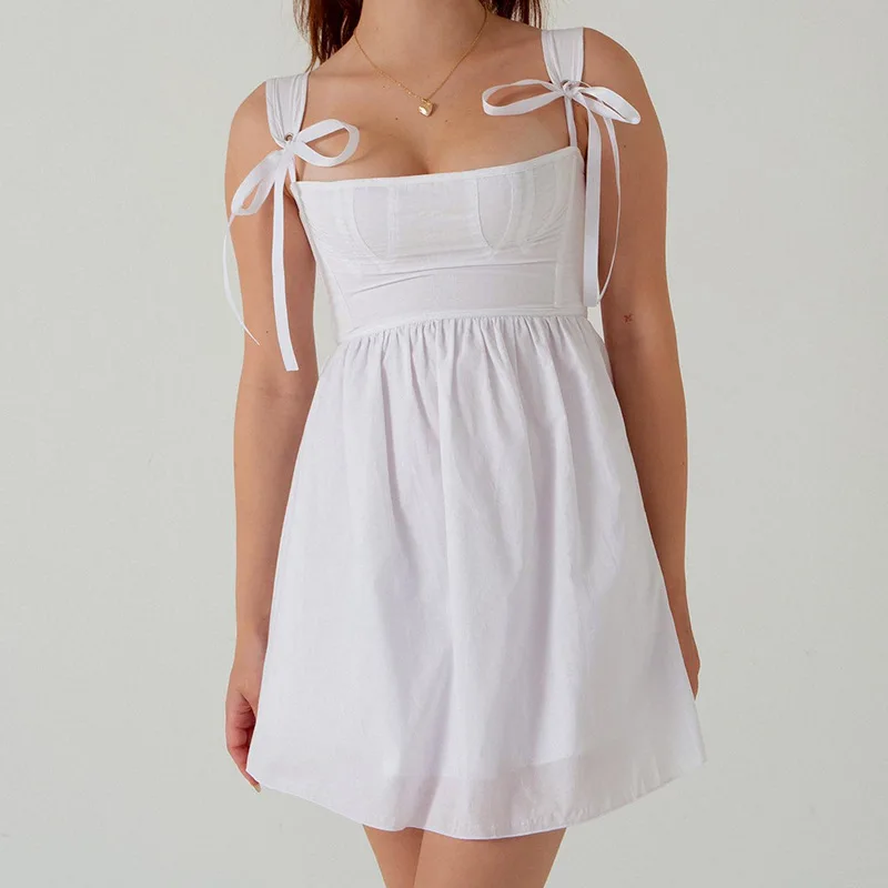 Women's Stylish Camisole Mini Dresses Solid Slash Neck Straps High Waist Women Mini A-Line Dress Summer 2022