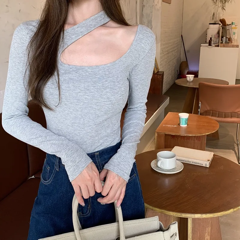 Y2K New Arrivals K-popHalter T-shirt T shirt Women O-neck Slim Long-Sleeved Crop Top Autumn Sexy 90S Tee Tshirt Woman Clothes