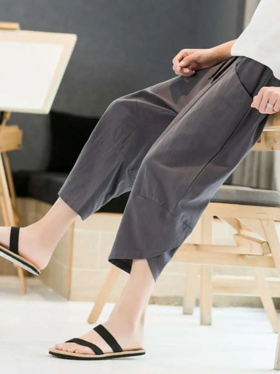 

Мужские тонкие хлопковые льняные шорты, летние свободные пляжные брюки с высокой талией, повседневные удобные дышащие брюки-капри для активного отдыха