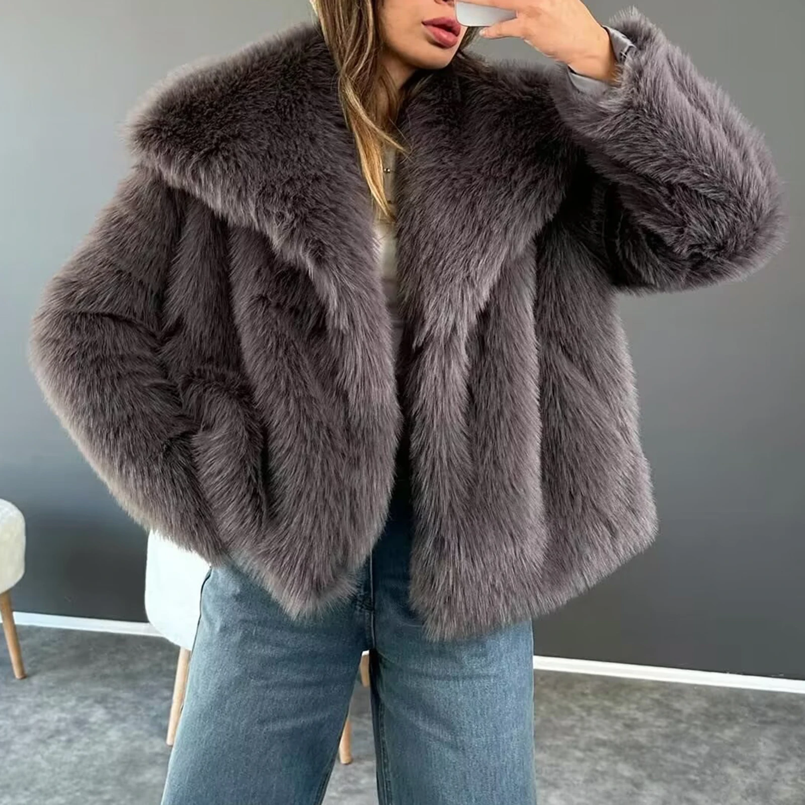 Luxury Women Premium Soild Color Faux Fur Coat, Long Sleeve Lapel Collar Warm Winter Coat Outwear Streetwear