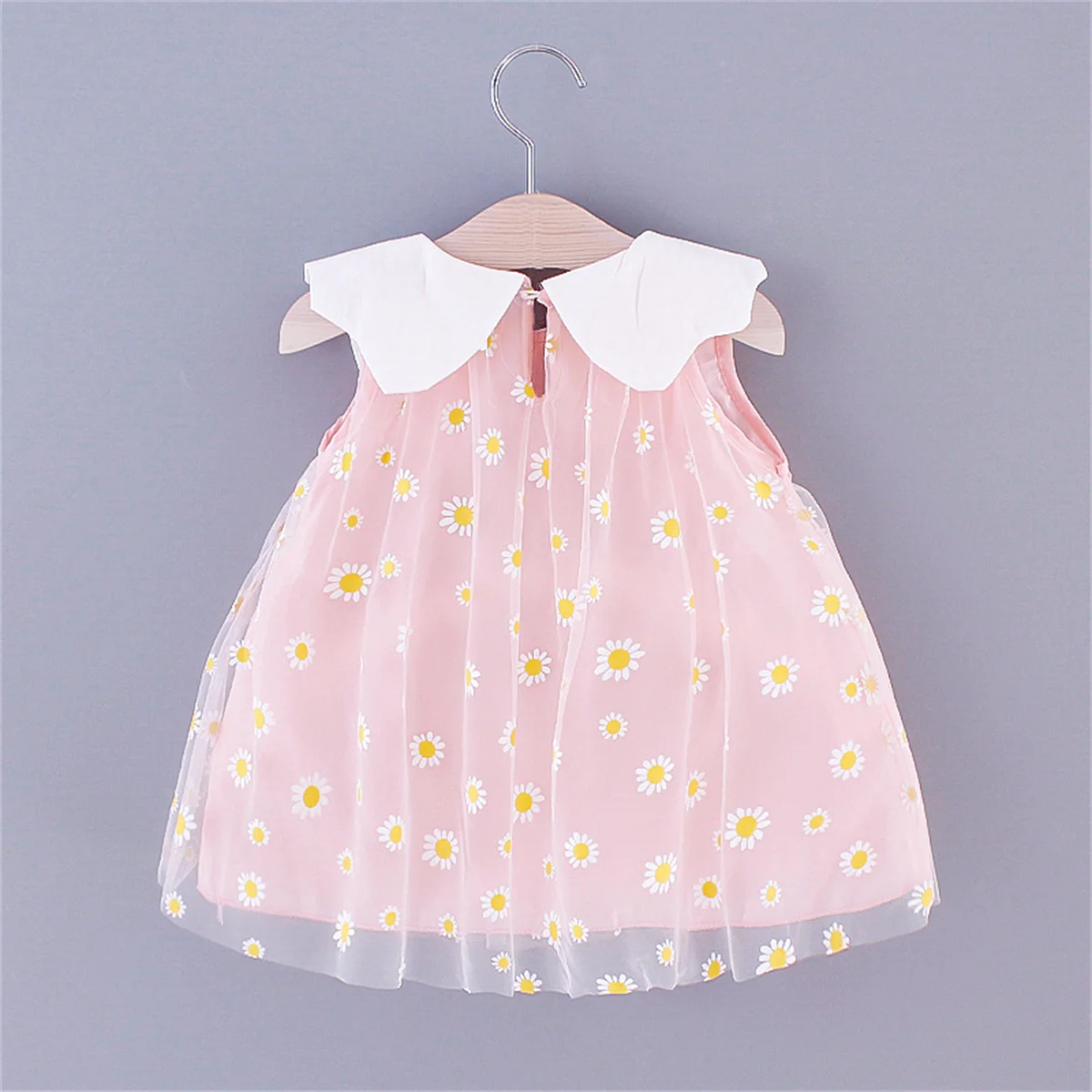 Summer Children\'s Dress Girl\'s Little Daisy Big Flip Collar Solid Color Sleeveless Sweet Cute Mesh Dress