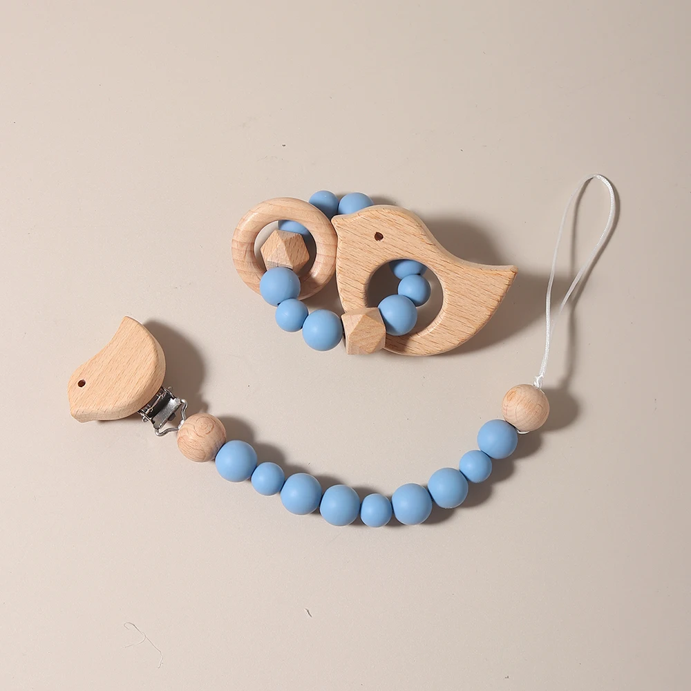 New Baby Pacifier Chain Clips Wood Bird Teether Silicone Round Beads Teething Chain Soother Chew Toys pacifier chain set