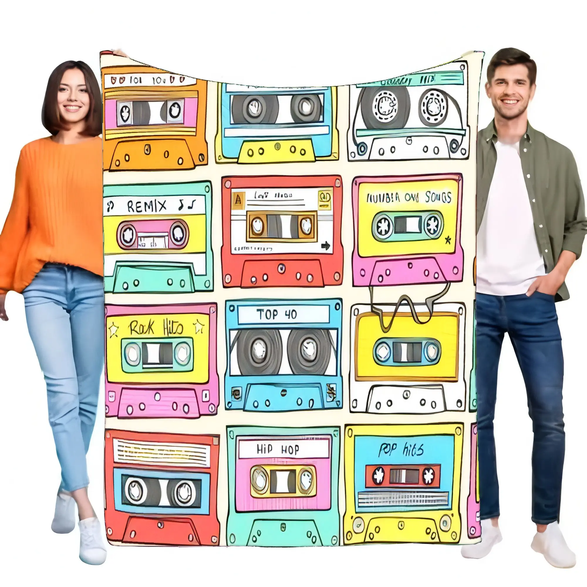 Retro Mixtape Cassette Blanket, Super Soft Flannel Throw, Colorful Vintage 80s 90s Music Lover Gift for Bed Sofa Couch Home Deco