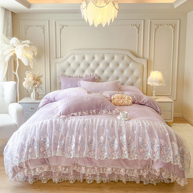 

Butterfly Embroidery Lace Ruffles Carved Velvet Winter Thickened Bedding Set Duvet Cover Bed Skirt Bedspread Pillowcases 4Pcs