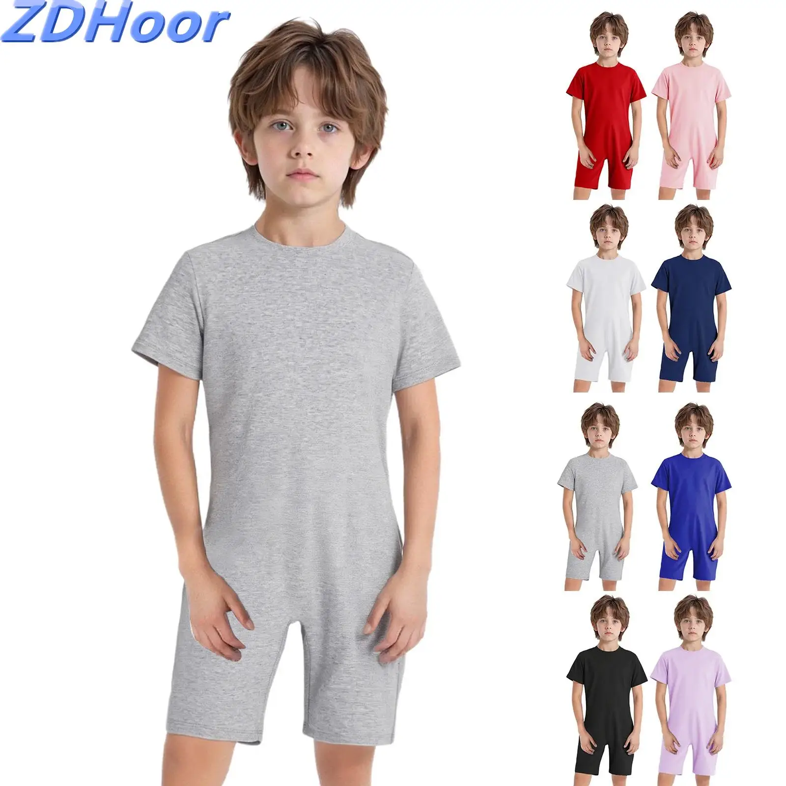 

Kids Solid Color Jumpsuit Special Needs Adaptive Clothing Round Neck Short Sleeve Back Invisible Zipper Jumpsuit