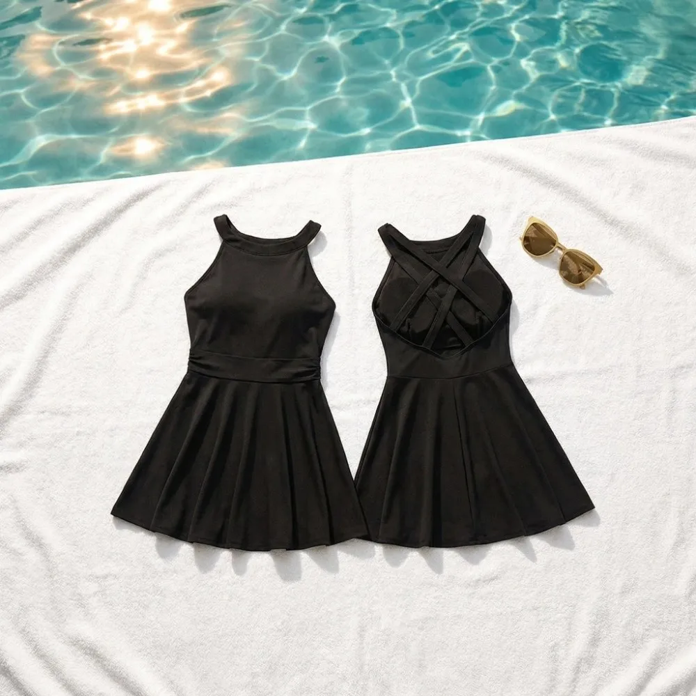 

Сексуальный облегающий купальник-платье без спинки с плиссировкой, без рукавов, с завязками на шее, пляжная одежда, купальник с подкладкой, летний