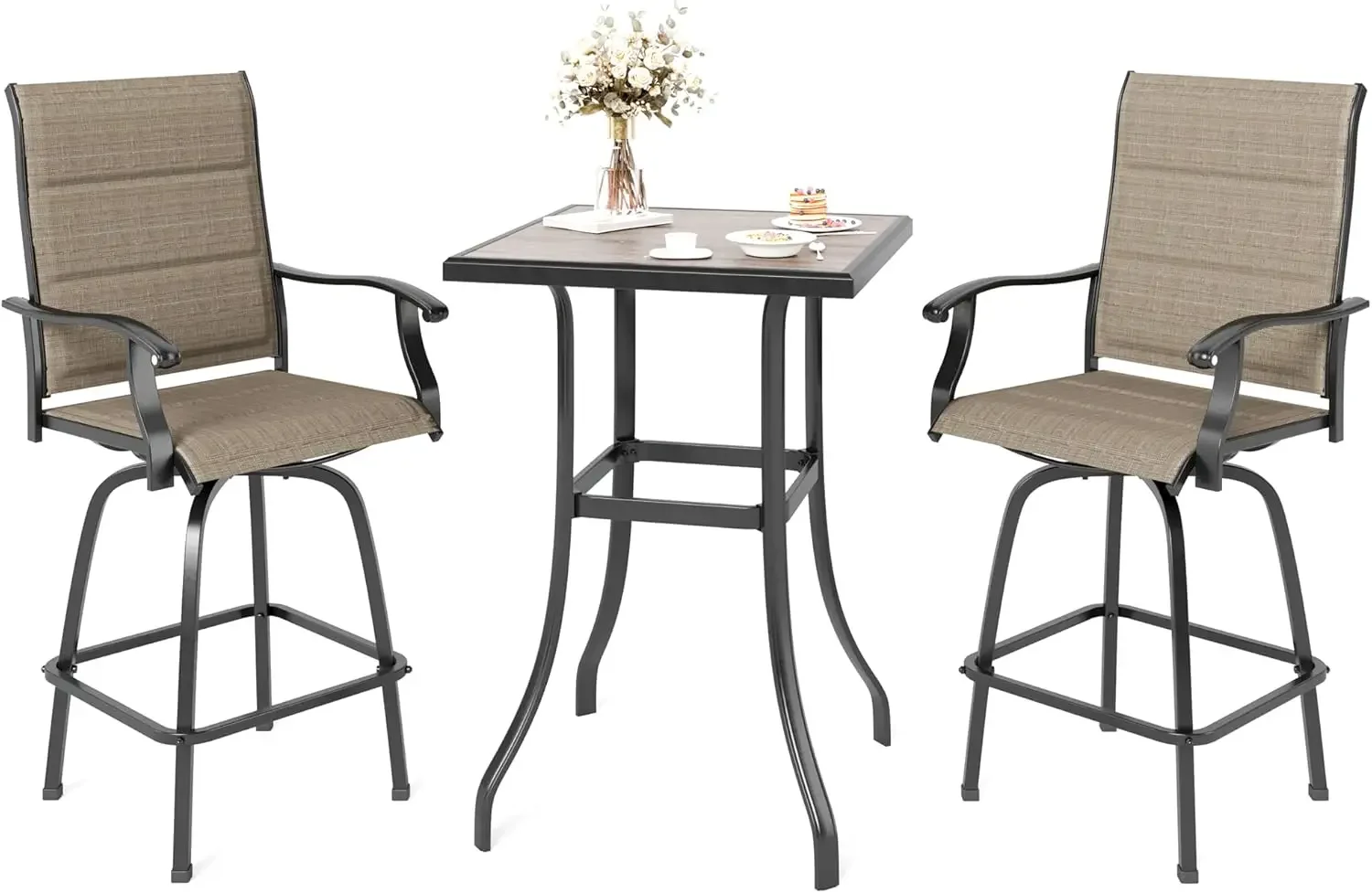 3 PCS Patio Bar Set with 2 Swivel Bar Stools (Cotton Padded) and 1 Table, Bar Height Bistro Set for 2