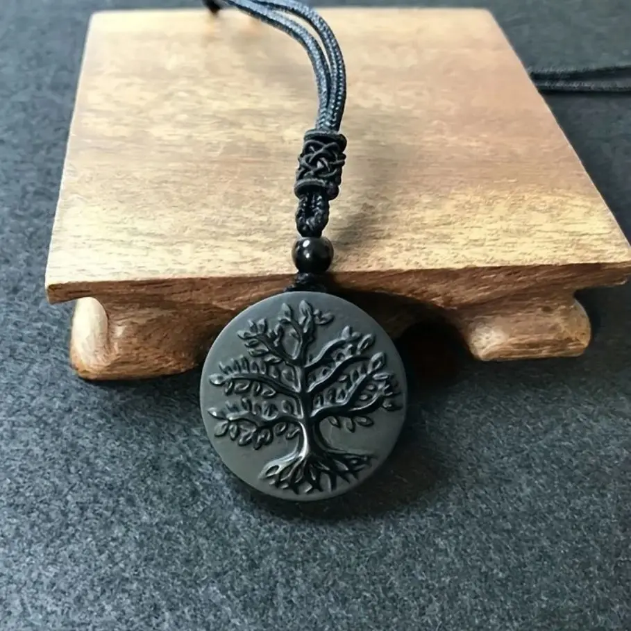 

Natural Obsidian Tree of Life Necklace Handmade Raw Stone Cuting Carving Christmas Thanksgiving Valentine's Day Ramadan Gift