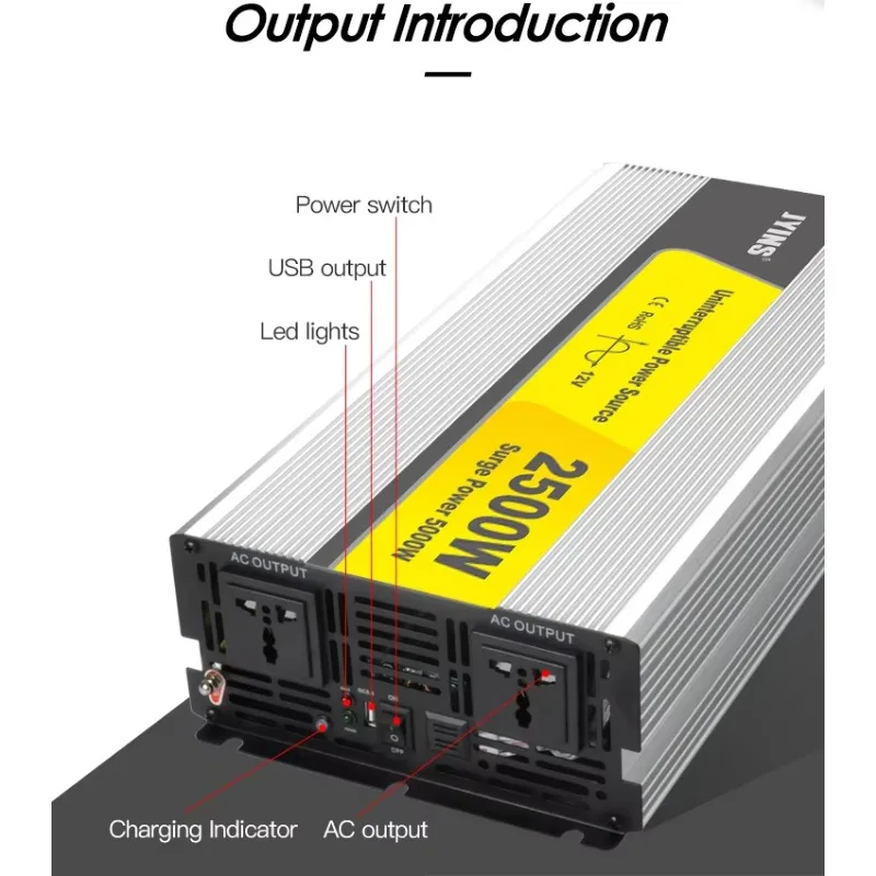 JYINS JYPU-2500W 2500W 12v 24v DC to AC 110v 230v UPS Pure Sine Wave Inverter with Charger Single Output 50/60Hz 2-Year Warranty