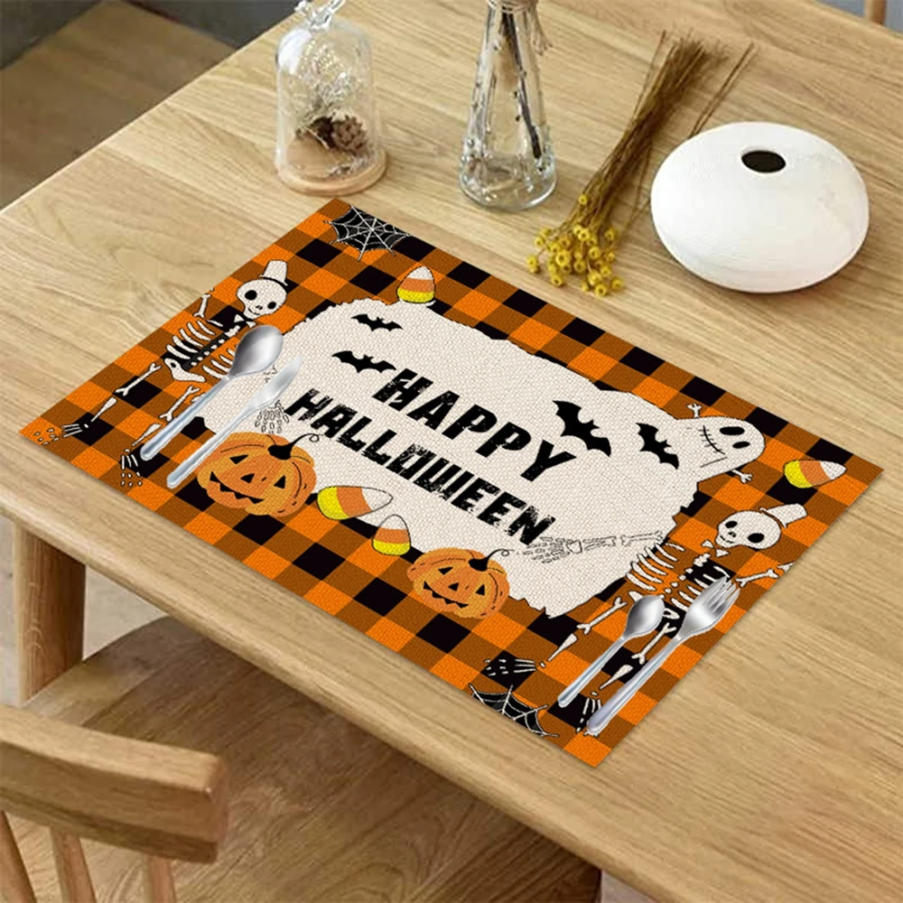 Halloween Cute Pumpkin Placemat Bat Ghost Coffee Cup Child Table Mats Kitchen Decor Linen Coaster Pad Bowl Mat Tablecloth