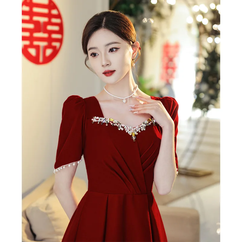 

Burgundy Short Sleeve Mid-length Prom Dresses Women Formal Wedding Party Gowns Toast Clothing