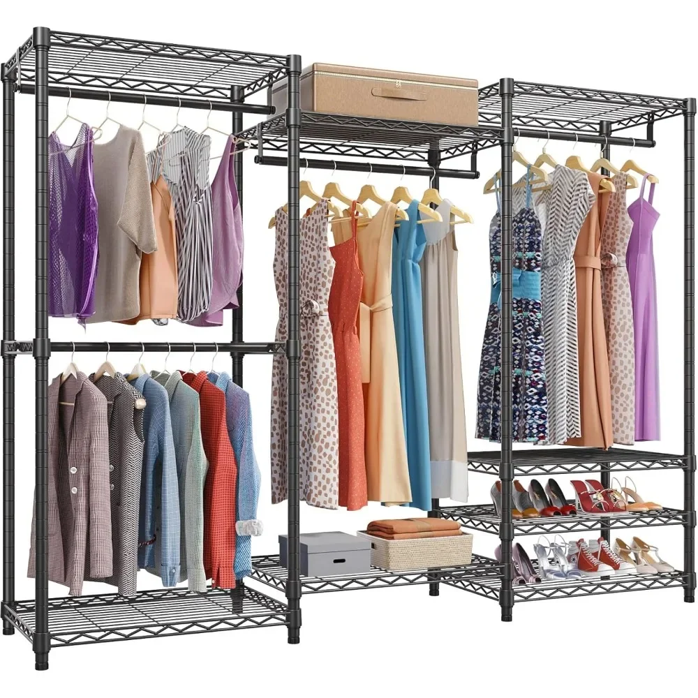 

Portable Closet Wardrobe Heavy Duty Clothes Rack, Freestanding Clothing Rack with 4 Hang Rods & 8 Shelves,Adjustable Closet Rack