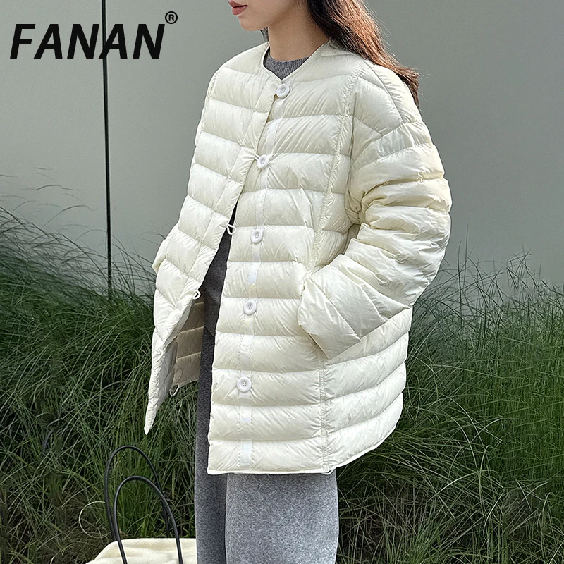 

FANAN Korean Style Down Coats Women's Round Neck Single Breasted Thick Warm Jackets Office Lady Outwear Fashion 2025 Winter New