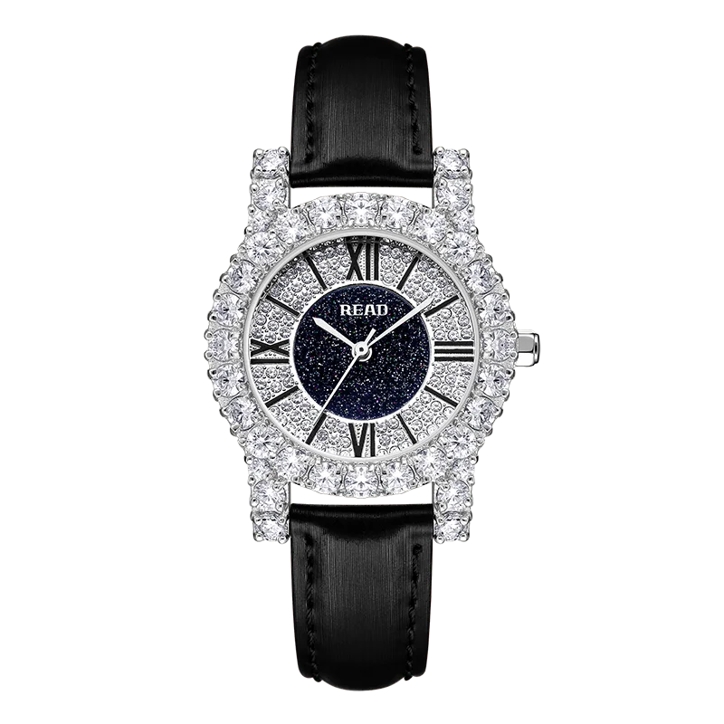 READ Ladies Quartz Watch | Black PU Band | Star‑Spark Dial | Roman Numerals | Decor Bezel | 30M Daily Water Resistant