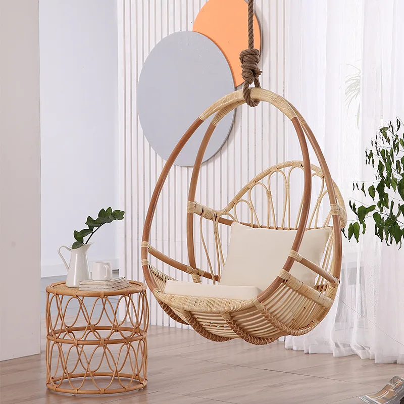 %Internet Popular Nordic Style Real Rattan Hanging Chair & Basket Swing Handmade Woven Rocking Chair with Cushion