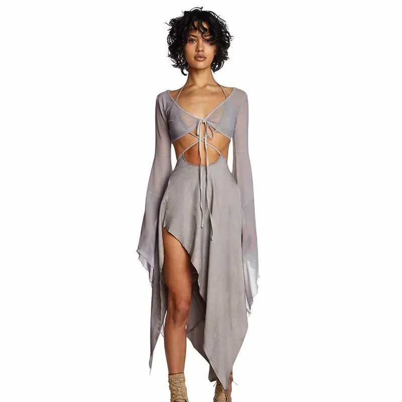 

Two Piece Set Women Solid Mesh Sexy Long Sleeve Bandage Top +High Waist Asymmetric Midi Skirt Sexy Club Casual Streetwear