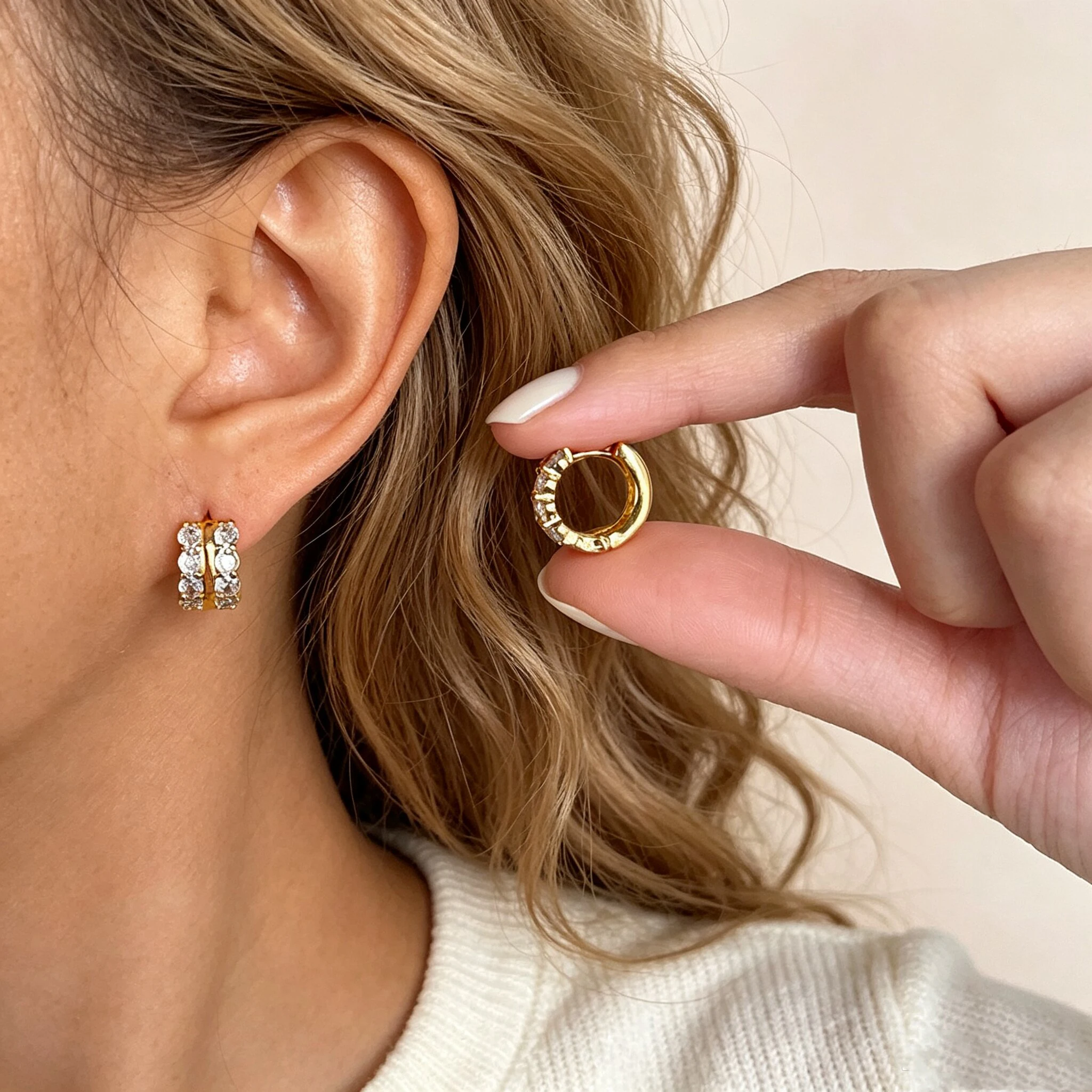 Goldfarben beschichtete runde Kreisohrringe für Damen, modische Doppelreihen-Strass-Creolen, Schmuck, Pendientes Mujer