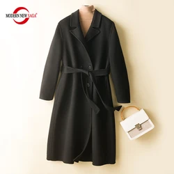 MODERN NEW SAGA Women Wool Coat 100% Merino Wool Autumn Wool Overcoat Elegant Winter Cashmere Coats Female Double Breasted Belt