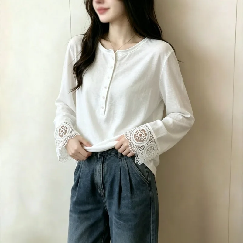 Womens Plus Size Cotton Long Sleeve Tshirt Autumn Korean Lace Cuff Loose Slim Hide Belly Inner Tops